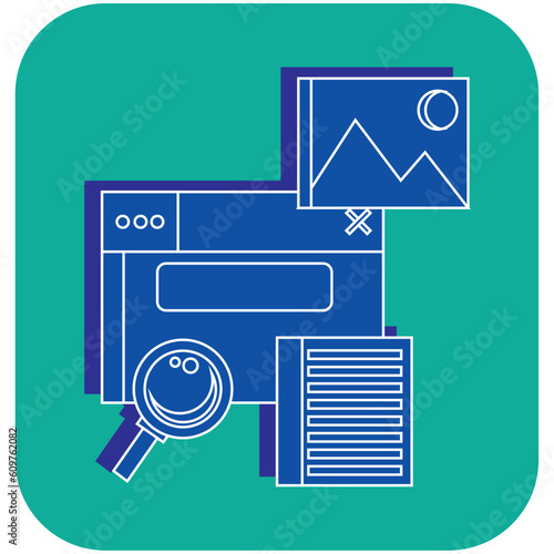  Blue Search Engine Optimization vector icon with white lines and green background