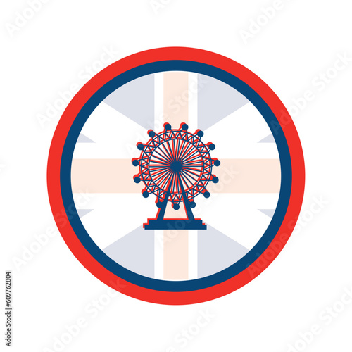 Vector image of a ferris wheel icon inside a circle of red and blue lines