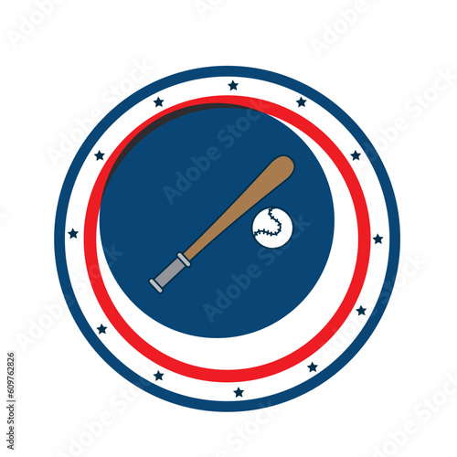 Vector image of a bat and a baseball inside a blue circle with red and blue lines