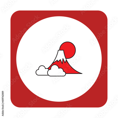 Vector icon of a volcano inside a white circle and red borders