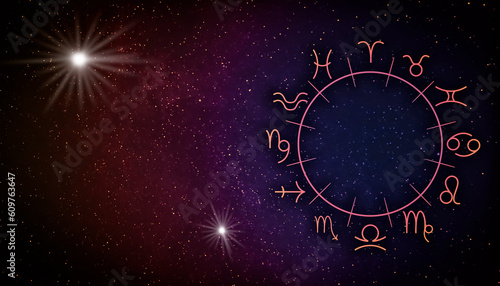 Zodiac wheel with twelve signs on starry sky background, space for text. Horoscopic astrology © New Africa