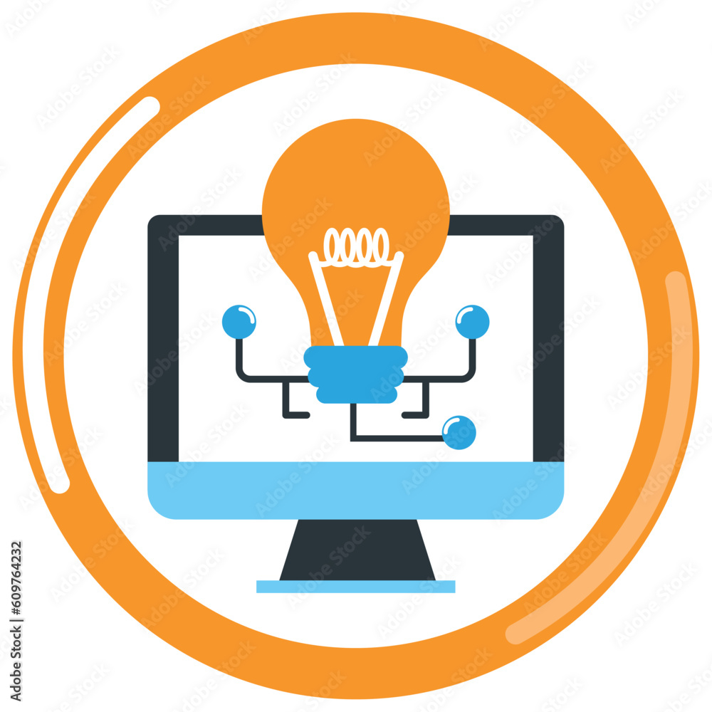 vector icon of a light bulb coming out of a chemistry laboratory monitor with orange border and white background