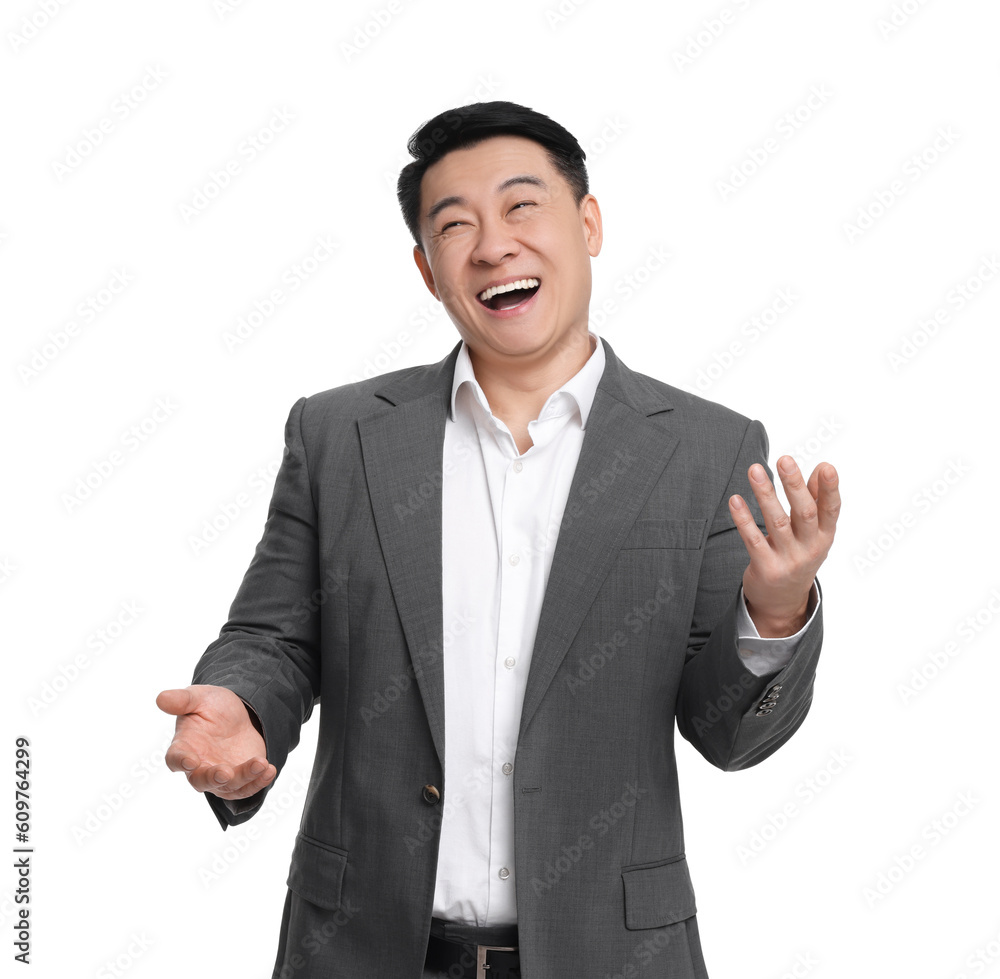 Happy businessman in suit posing on white background Happy businessman in suit posing on white background