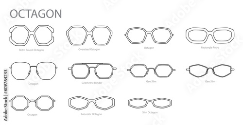 Set of Octagon frame glasses fashion accessory illustration. Sunglass front view for Men, women, unisex silhouette style, flat rim spectacles eyeglasses with lens sketch style outline isolated