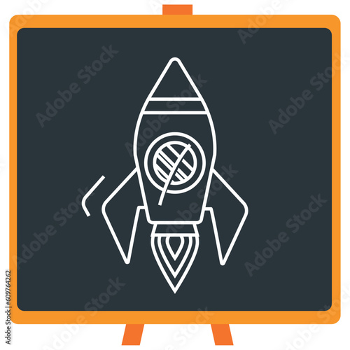 Vector icon of a chemistry laboratory rocket in white lines with dark border