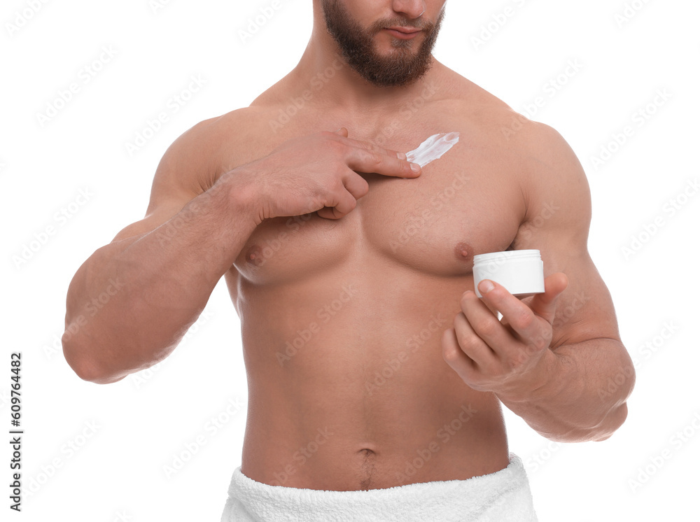Man applying body cream onto his chest on white background, closeup Man applying body cream onto his chest on white background, closeup