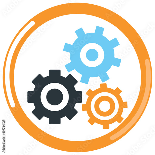 chemistry laboratory gears vector icon with orange border and white background