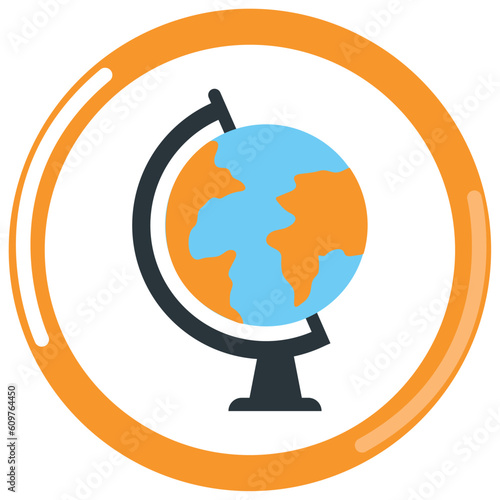 chemistry laboratory earth globe vector icon with orange border and white background