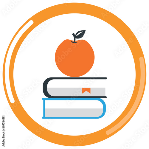 vector icon of an apple on some chemistry laboratory books with orange border and white background