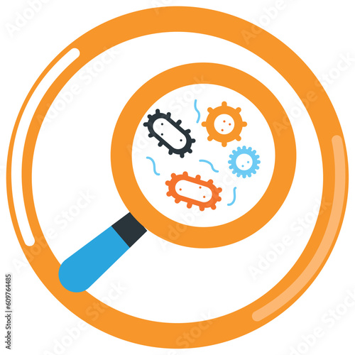 vector icon of a magnifying glass looking at chemistry laboratory bacteria with orange border and white background