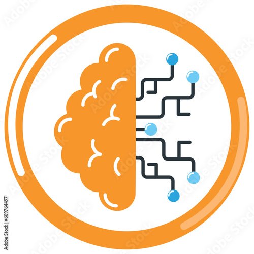 vector icon of half brain and half electrode lines chemistry laboratory with orange border and white background
