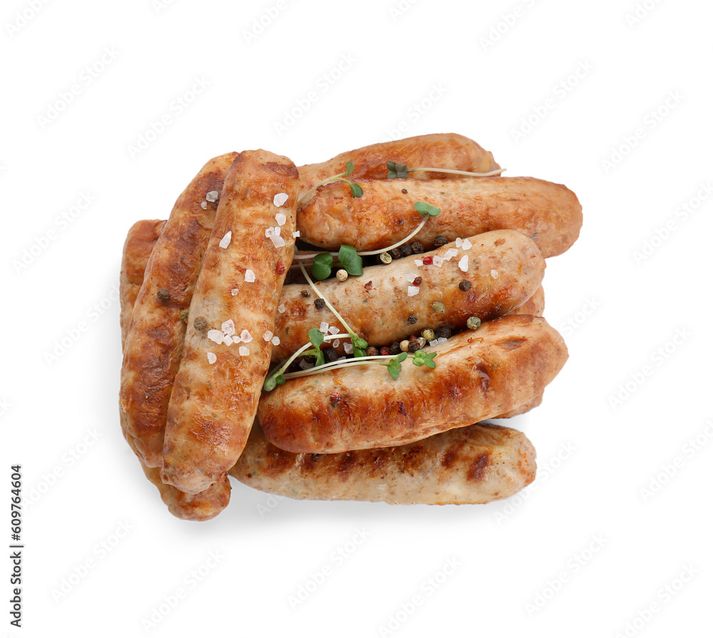 Tasty grilled sausages with spices and microgreens isolated on white, top view Tasty grilled sausages with spices and microgreens isolated on white, top view