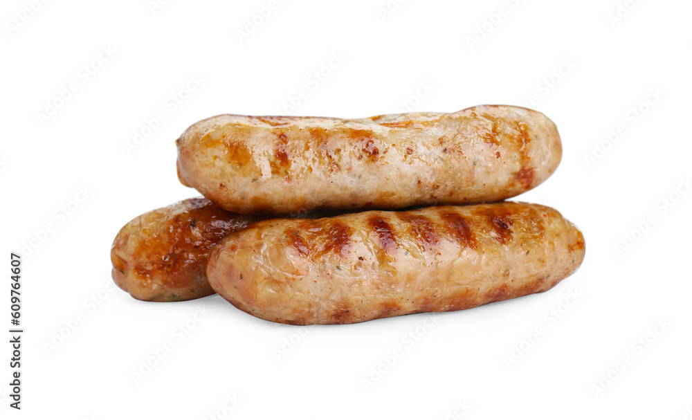 Tasty fresh grilled sausages isolated on white Tasty fresh grilled sausages isolated on white