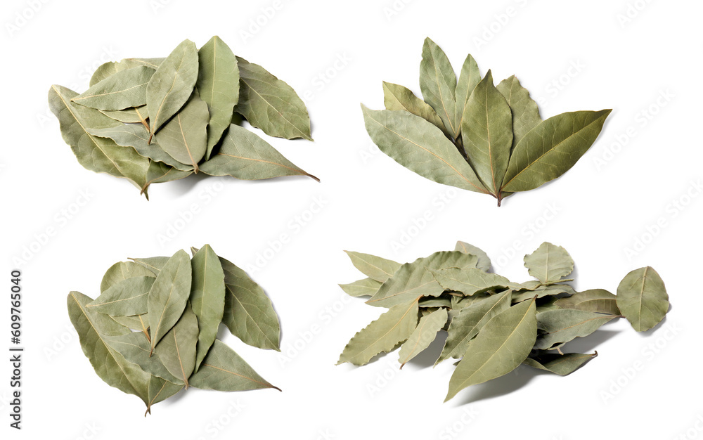 Piles of dry bay leaves on white background, collage design Piles of dry bay leaves on white background, collage design