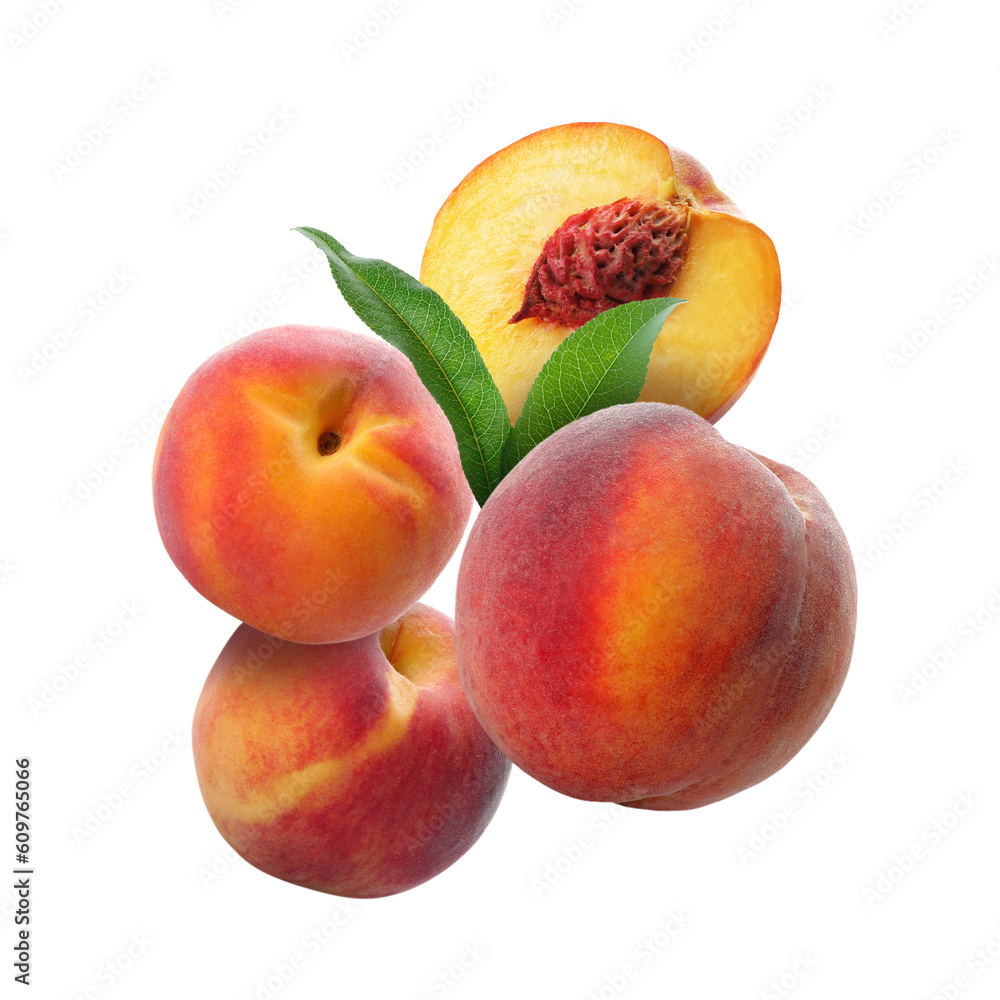 Juicy fresh peaches with green leaves falling on white background Juicy fresh peaches with green leaves falling on white background
