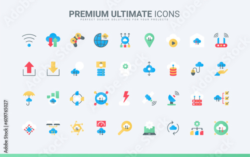 Automatic digital data transfer, download and synchronization, information management for storage, AI network platform and smart home. Cloud computing trendy flat icons set vector illustration