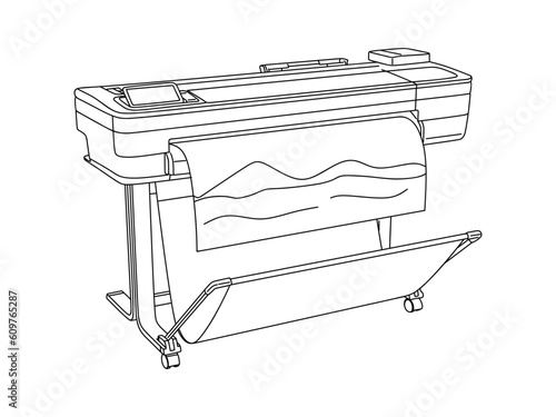 Hand drawing Large inkjet plotter printer in linear style. Plotter printer equipment for printing many products such as billboards, posters, roll-ups and more large formats. Vector sketch or line