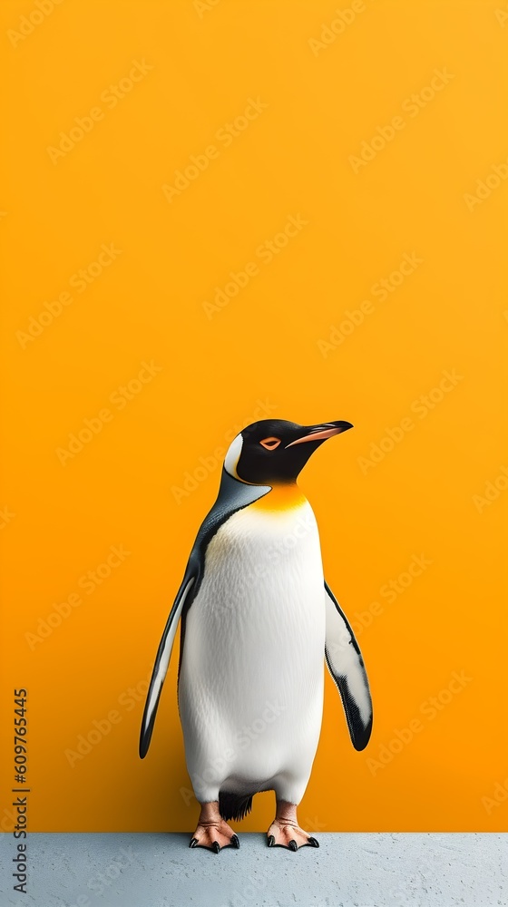 Fototapeta premium Penguin standing on yellow background, minimalist photography style, vertical format 9:16. Generative AI