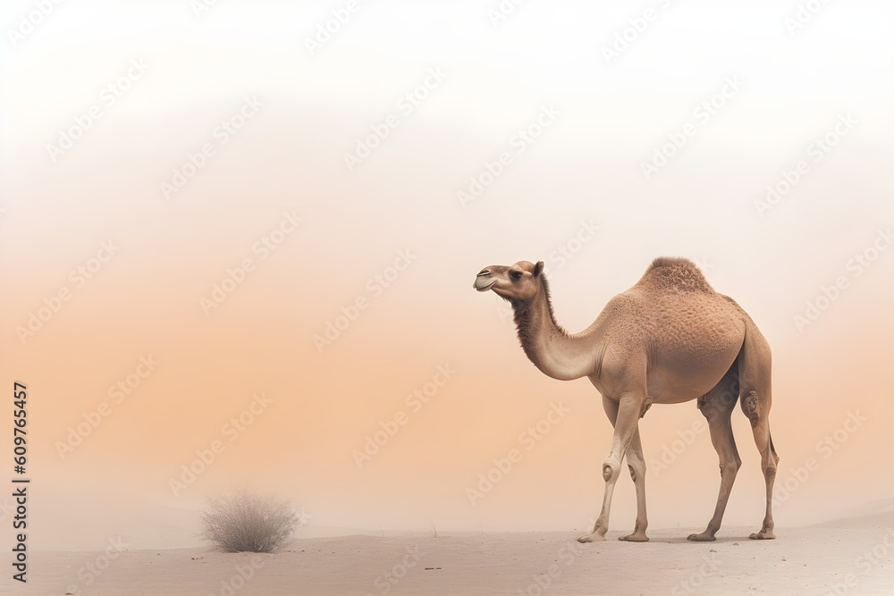 Camel in the desert isolated on the right, desert background, horizontal format 3:2. Generative AI Camel in the desert isolated on the right, desert background, horizontal format 3:2. Generative AI