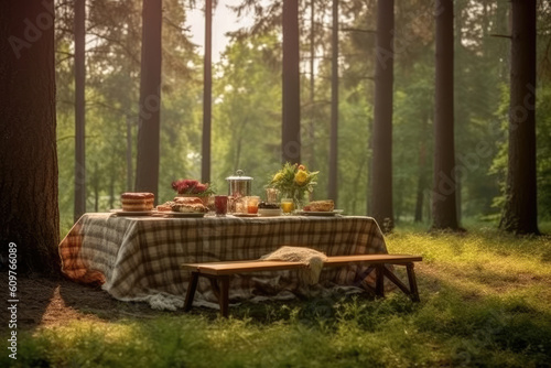 photo of picnic on the forrest view Generated AI