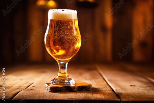 a glass of light beer on a wooden table. copy space. created by AI