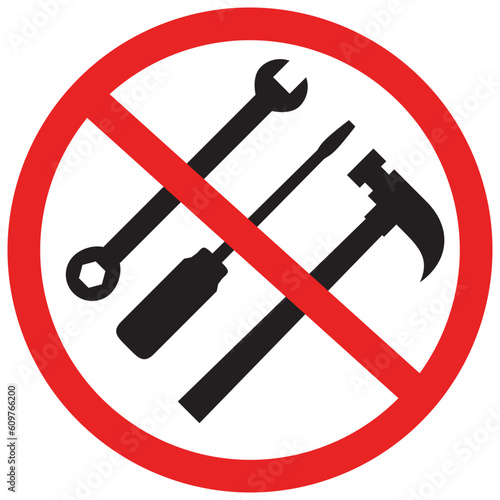 Black no tool needed icon, no need to install by tools with red stop sign, simple graphic flat design clipart vector app web banner button ui ux logo interface element isolated on white background