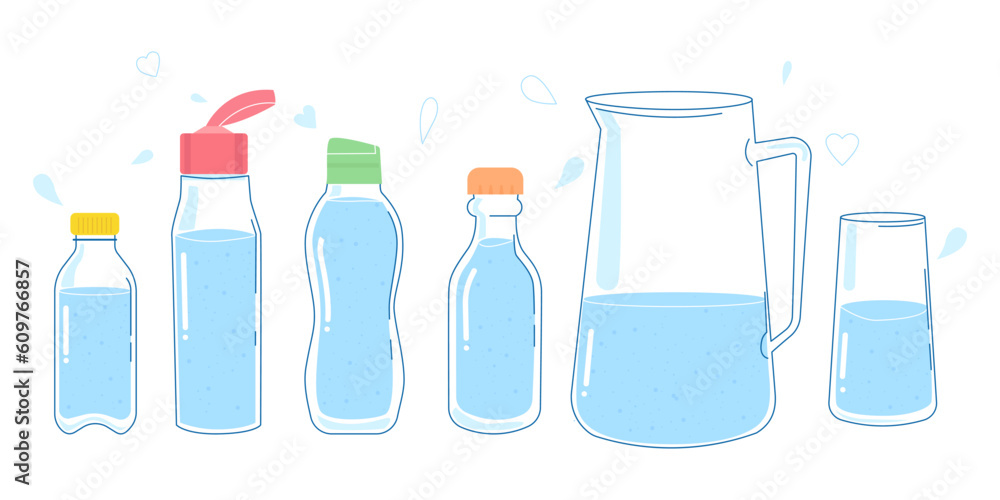 A set of vector elements of a water bottle, a jug and a glass. Hand-drawn cute illustration for use in banners, web design, water trackers. The concept of a healthy lifestyle.
A set of vector elements of a water bottle, a jug and a glass. Hand-drawn cute illustration for use in banners, web design, water trackers. The concept of a healthy lifestyle.