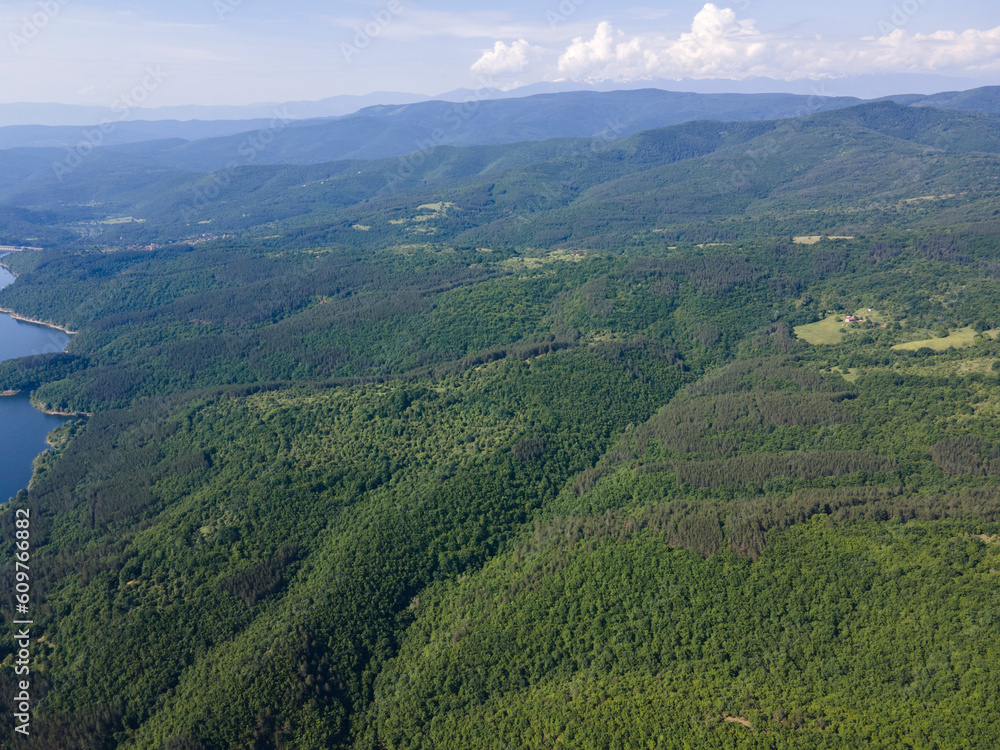 Fototapeta premium Aerial spring view of Topolnitsa Reservoir, Bulgaria