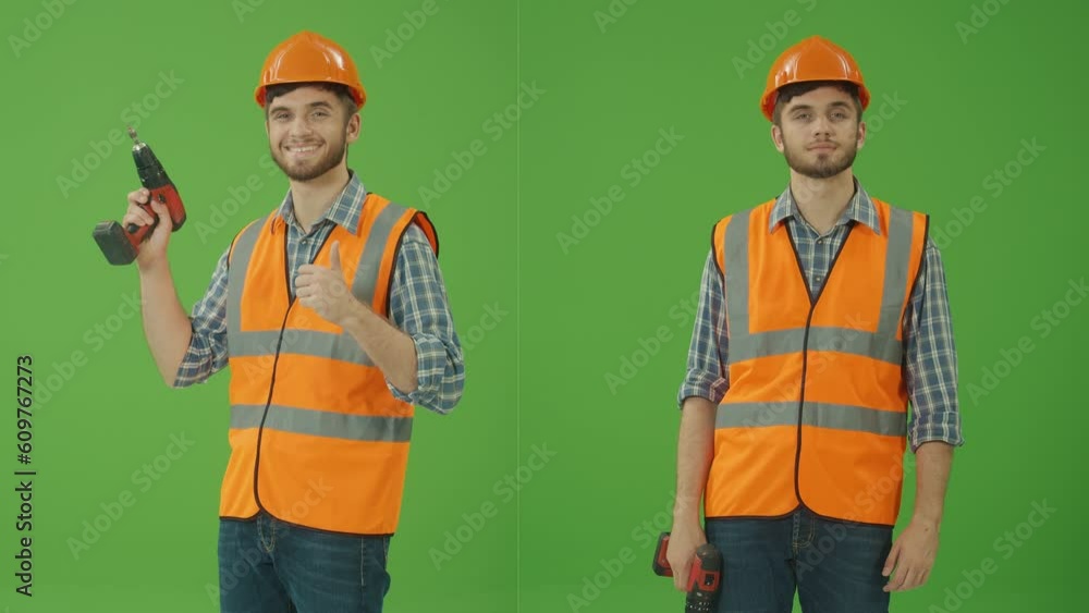 2-in-1 Split Green Screen Collage:Young Bearded Civil Engineer Wearing Checkered Shirt,Safety Jacket and Helmet, Lifting the Drill Up,Making OK Gesture,Smiling.Multiple Angle Best Value Pack 2-in-1 Split Green Screen Collage:Young Bearded Civil Engineer Wearing Checkered Shirt,Safety Jacket and Helmet, Lifting the Drill Up,Making OK Gesture,Smiling.Multiple Angle Best Value Pack