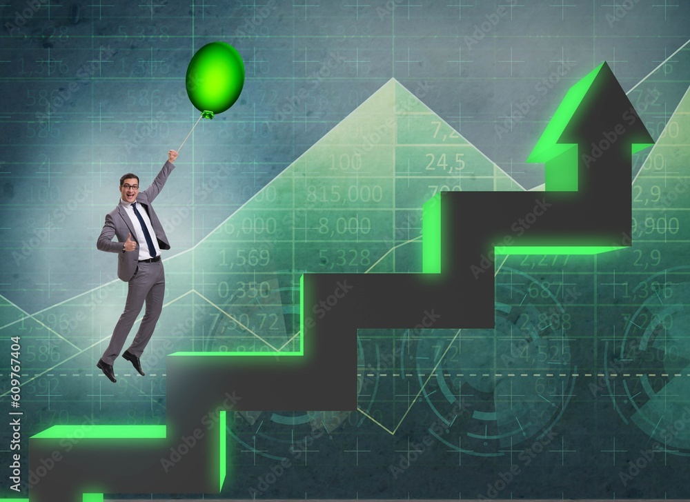 Businessman flying on hot balloon over graph Businessman flying on hot balloon over graph