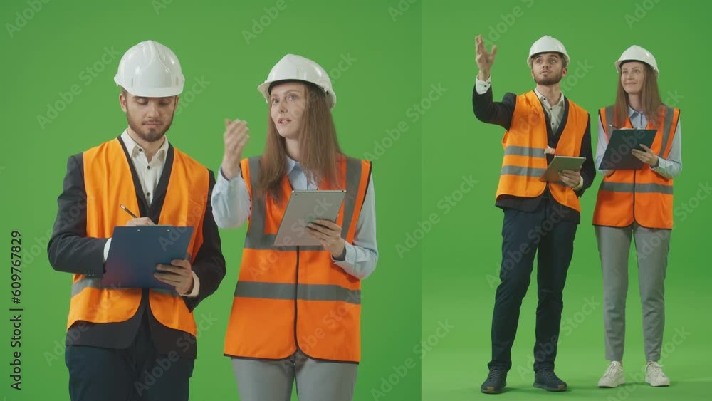 2-in-1 Split Green Screen Collage:Young Male and Female Designers in Safety Jackets,Hats with Tablet and Clipboard,Discussing Project with Interest.Team Work Concept.Multiple Angle Best Value Pack 2-in-1 Split Green Screen Collage:Young Male and Female Designers in Safety Jackets,Hats with Tablet and Clipboard,Discussing Project with Interest.Team Work Concept.Multiple Angle Best Value Pack