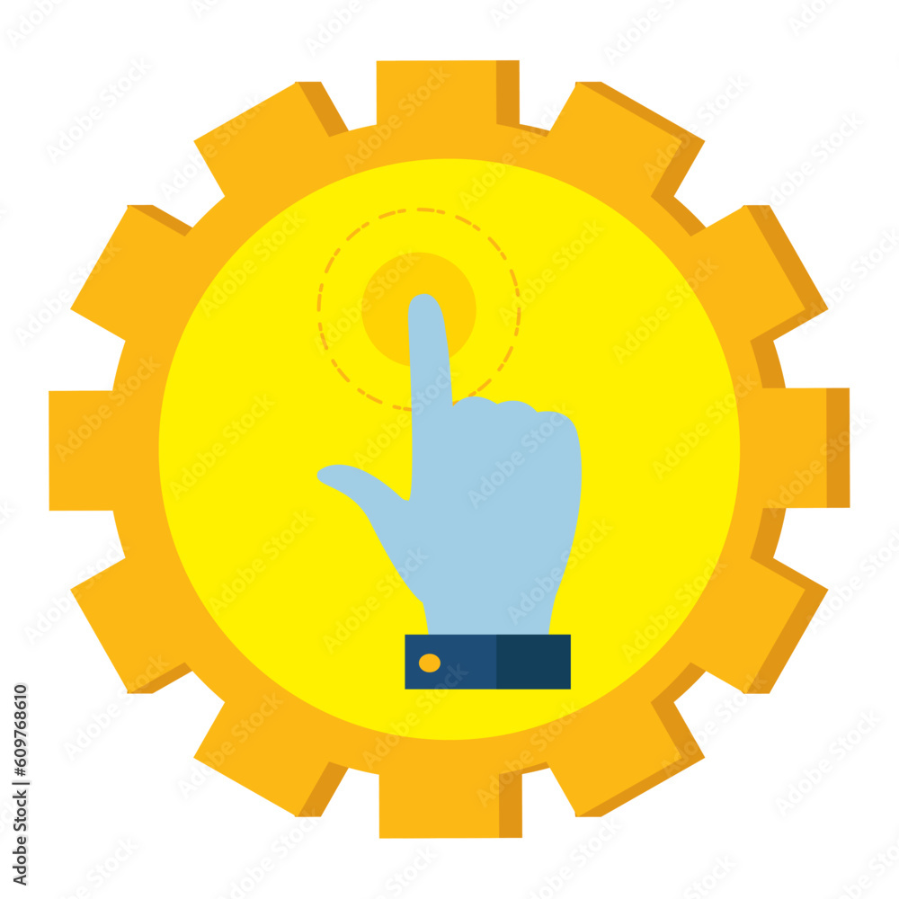 Vector image of hand icon pressing a button inside a yellow gear Vector image of hand icon pressing a button inside a yellow gear