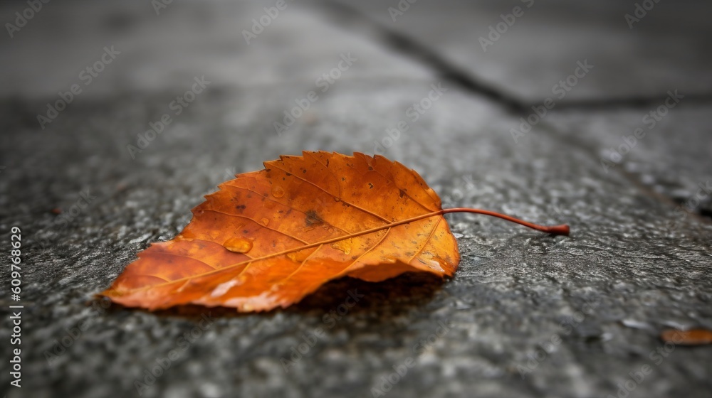 A single orange leaf on the dark ground. Generative AI. A single orange leaf on the dark ground. Generative AI.
