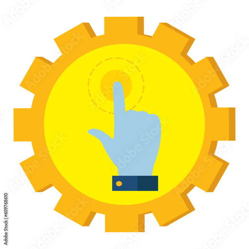 Vector image of hand icon pressing a button inside a yellow gear