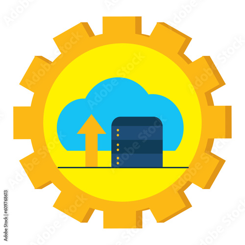 Vector image of a cloud server icon with a yellow background inside a gear