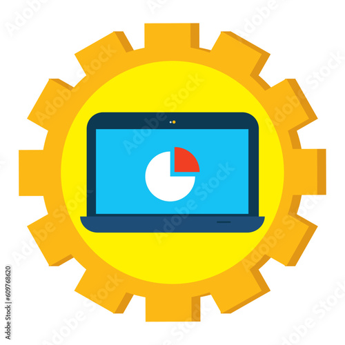 Vector image of a laptop with a yellow background inside a gear