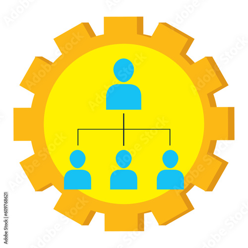 Vector image of blue people icons with a yellow background inside a gear