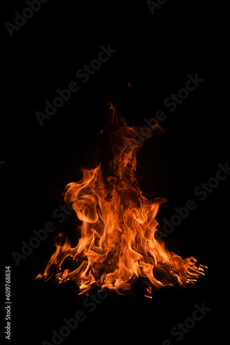Fire blaze flames on black background. Fire burn flame isolated, abstract texture. Flaming explosion with burning effect. Fire wallpaper, abstract art pattern with copy space. © Volodymyr