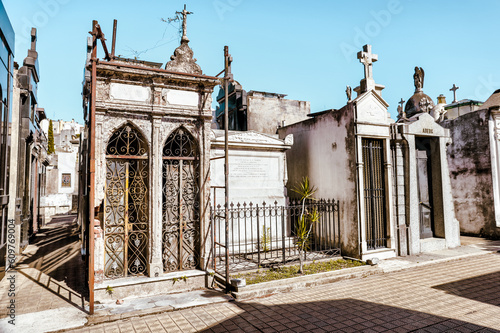 Buenos Aires, Argentina - December 21, 2022: Tombs and statues in La Recoleta Cemetery in Buenos Aires Argentina.