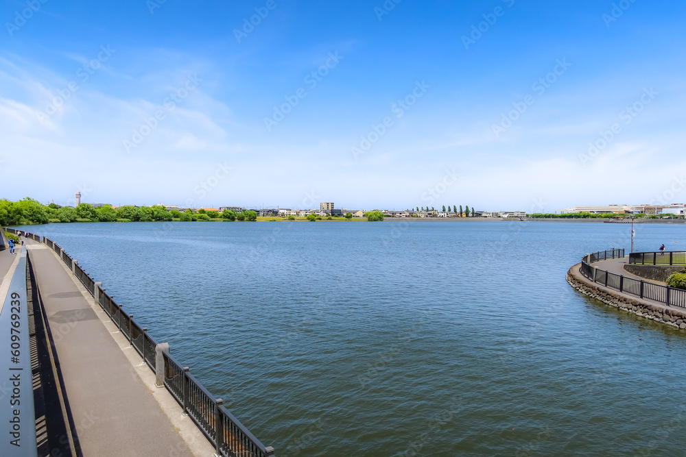 Scenery of the reservoir at Koshigaya LakeTown in Koshigaya, Saitama, Japan. May 5, 2023