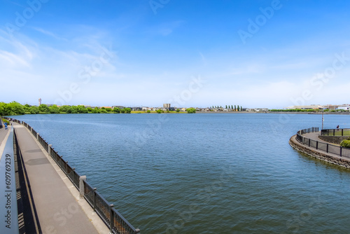 Scenery of the reservoir at Koshigaya LakeTown in Koshigaya, Saitama, Japan. May 5, 2023 photo