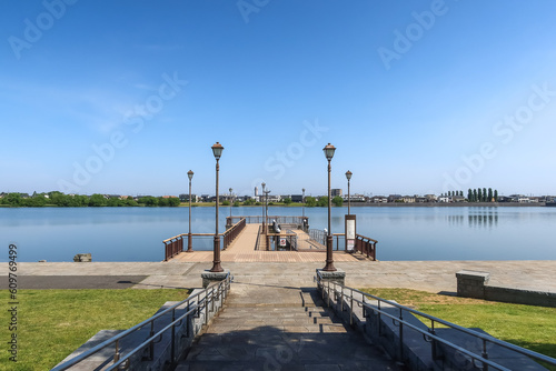 Scenery of the reservoir at Koshigaya LakeTown in Koshigaya, Saitama, Japan. May 5, 2023