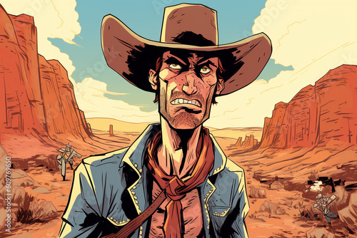 Graphic novel style illustration of a rugged cowboy in the old west, desperado outlaw. Generative AI. photo