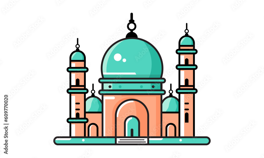 a stylized of a muslim mosque,a flat design of a masjid for Islamic organizations or communities,Beautiful Islam temple icon,crescent and cloud,Vector Illustration,Eid Mubarak greetings,Ramadan Kareem