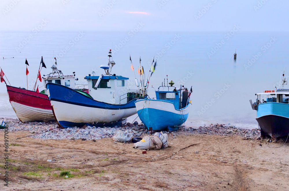 Fishing Boats and Small Ships Parked by the Sea