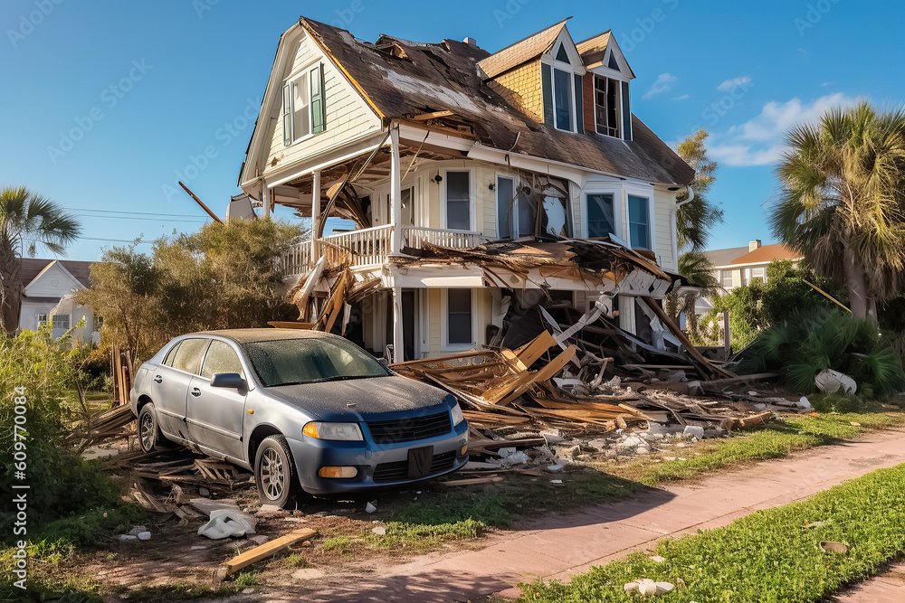 the house is destroyed by a hurricane on the seashore. storm, tornado