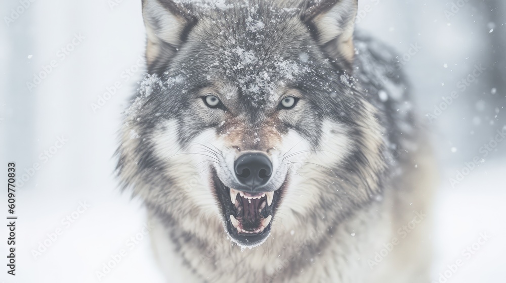 Snow mountain wolf growling