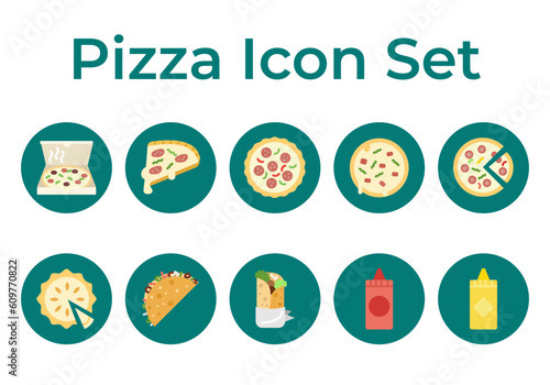 Pizza icon Set pack flat icons include pizza box, slice, ketchup and mayonnaise icons Vector Eps file