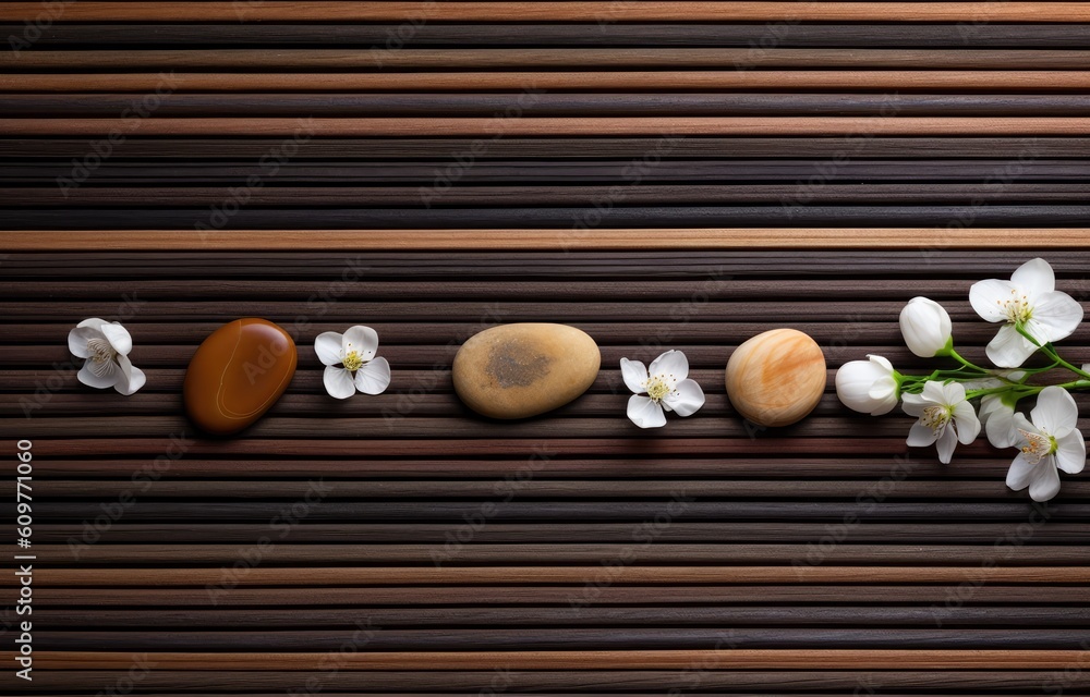 white flowers and stones on wooden background