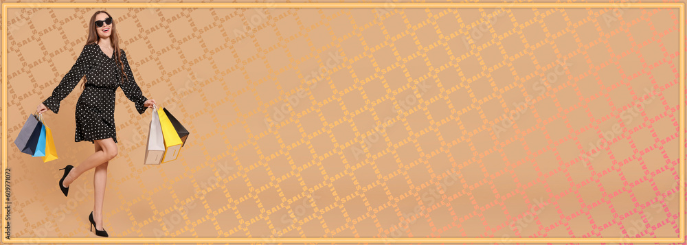 Sale banner or flyer design. Stylish young woman in sunglasses with shopping bags on beige background with words, space for text